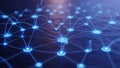 Glowing blue network nodes connected by light lines on dark surface connection technology Royalty Free Stock Photo