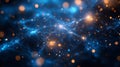 Glowing blue network with orange particles in space on dark background Royalty Free Stock Photo