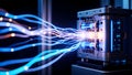 High-speed data transfer with glowing blue and orange light streams entering a complex technological device Royalty Free Stock Photo