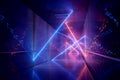 Glowing blue and orange neon light tubes in long dark underground tunnel reflecting on walls and floor 3D rendering Royalty Free Stock Photo