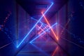 Glowing blue and orange neon light tubes in long dark underground tunnel reflecting on walls and floor 3D rendering Royalty Free Stock Photo