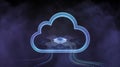 Digital cloud icon with integrated CPU and data streams on dark background Royalty Free Stock Photo