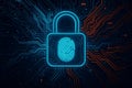 Digital Security Padlock with Fingerprint and Circuit Board Lines technology data Royalty Free Stock Photo