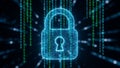 Glowing Blue Padlock Symbol with Falling Binary Code on Dark Background security data Royalty Free Stock Photo