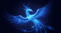 Glowing blue phoenix with elegantly spread wings set against a dark background. Royalty Free Stock Photo