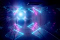 Glowing blue and pink neon light tubes in long dark underground tunnel reflecting on walls and floor 3D rendering Royalty Free Stock Photo