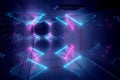 Glowing blue and pink neon light tubes in long dark underground tunnel reflecting on walls and floor 3D rendering Royalty Free Stock Photo