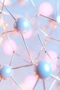 Glowing blue and pink nodes form an intricate neural network, interconnected by metallic lines on a subtle white