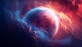 Glowing blue planet orbits in dark, futuristic galaxy background generated by AI