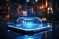 A glowing blue podium made of transparent material, Technology concept