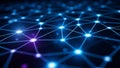 Glowing blue and purple interconnected network nodes with bright lights on a dark background Royalty Free Stock Photo