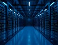 Glowing blue server racks in a modern data center, showcasing cloud computing, cybersecurity, and high-performance digital Royalty Free Stock Photo