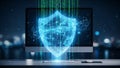Glowing blue shield with binary code overlay on computer screen technology digital Royalty Free Stock Photo