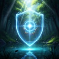 Glowing Blue Shield Emitting Light in a Mystical Forest Setting energy Royalty Free Stock Photo