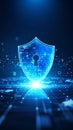 Glowing blue shield with keyhole over a digital circuit board background, symbolizing data protection. Royalty Free Stock Photo