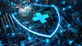 Glowing blue shield with medical cross on digital circuit board closeup image, ai generated