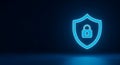 Glowing blue shield with padlock icon on dark background security protection Royalty Free Stock Photo