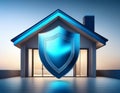 Glowing blue shield protecting modern house at sunset, home security concept Royalty Free Stock Photo