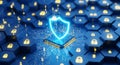A glowing blue shield protects a microchip surrounded by padlocks and binary code on a circuit board Royalty Free Stock Photo