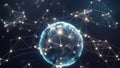 A glowing blue sphere with interconnected nodes and lines forming a network around it against a dark background Royalty Free Stock Photo