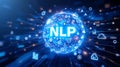 Glowing blue sphere with N L P and technology icons Royalty Free Stock Photo