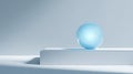 Glowing blue sphere on white platform, minimal abstract scene, soft light, calm mood Royalty Free Stock Photo