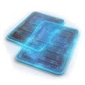 Glowing blue tablets: ancient text, futuristic technology, digital documents, and light on transparent background Royalty Free Stock Photo