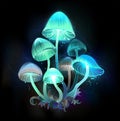 Glowing blue toadstools on black background