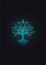 Glowing blue tree on a dark background, resembling digital circuits. Branches and Royalty Free Stock Photo