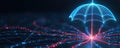 Glowing blue umbrella protects network. Digital shield safeguards data streams from red threads. Cyber security concept for Royalty Free Stock Photo
