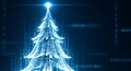 Glowing blue wireframe Christmas tree, a futuristic 3D render structured from flowing binary data streams, symbolizes digital conn Royalty Free Stock Photo