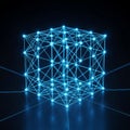 A glowing blue wireframe cube composed of interconnected nodes is set against a Royalty Free Stock Photo