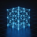 A glowing blue wireframe cube composed of interconnected points and lines is set Royalty Free Stock Photo