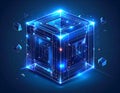 Glowing blue wireframe cube with floating crystalline shards against a dark background Royalty Free Stock Photo