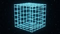 Glowing Blue Wireframe Cube Structure with Floating Particles in Dark Space 3D grid Royalty Free Stock Photo