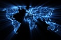 Glowing blue worldwide web on world map