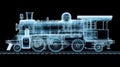 Glowing blueprint of old steam locomotive engine visualization on black background Royalty Free Stock Photo
