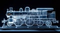Glowing blueprint of old steam locomotive engine visualization on black background Royalty Free Stock Photo