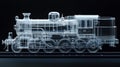Glowing blueprint of old steam locomotive engine visualization on black background Royalty Free Stock Photo