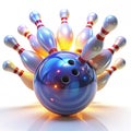 Glowing bowling ball with rotating pins falling down Royalty Free Stock Photo