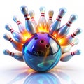 Glowing bowling ball with rotating pins falling down Royalty Free Stock Photo