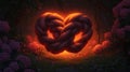 a digitally rendered image of a rope knot in the shape of a heart, glowing warmly amidst a lush, dark forest setting, creating a r Royalty Free Stock Photo