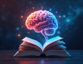 Glowing brain floats above open book. Knowledge, intelligence concepts shown with bright colors. Education, learning idea Royalty Free Stock Photo