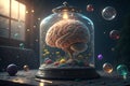 Glowing brain in glass with colorful floating objects, hyper realistic Royalty Free Stock Photo