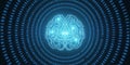 Glowing brain hologram with binary coding on blue background. Programming, machine learning and artificial intelligence concept. Royalty Free Stock Photo