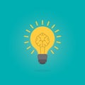 Glowing brain inside the light bulb, idea concept, flat style illustration.