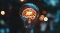 A glowing brain inside a light bulb symbolizes intellectual energy and creative thinking Royalty Free Stock Photo