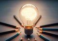 Glowing brain lightbulb surrounded by pencils creativity Royalty Free Stock Photo