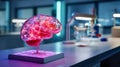 Glowing brain model with neural network patterns on display in science lab Royalty Free Stock Photo