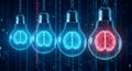 Glowing Brains in Lightbulbs with Binary Code Background Royalty Free Stock Photo